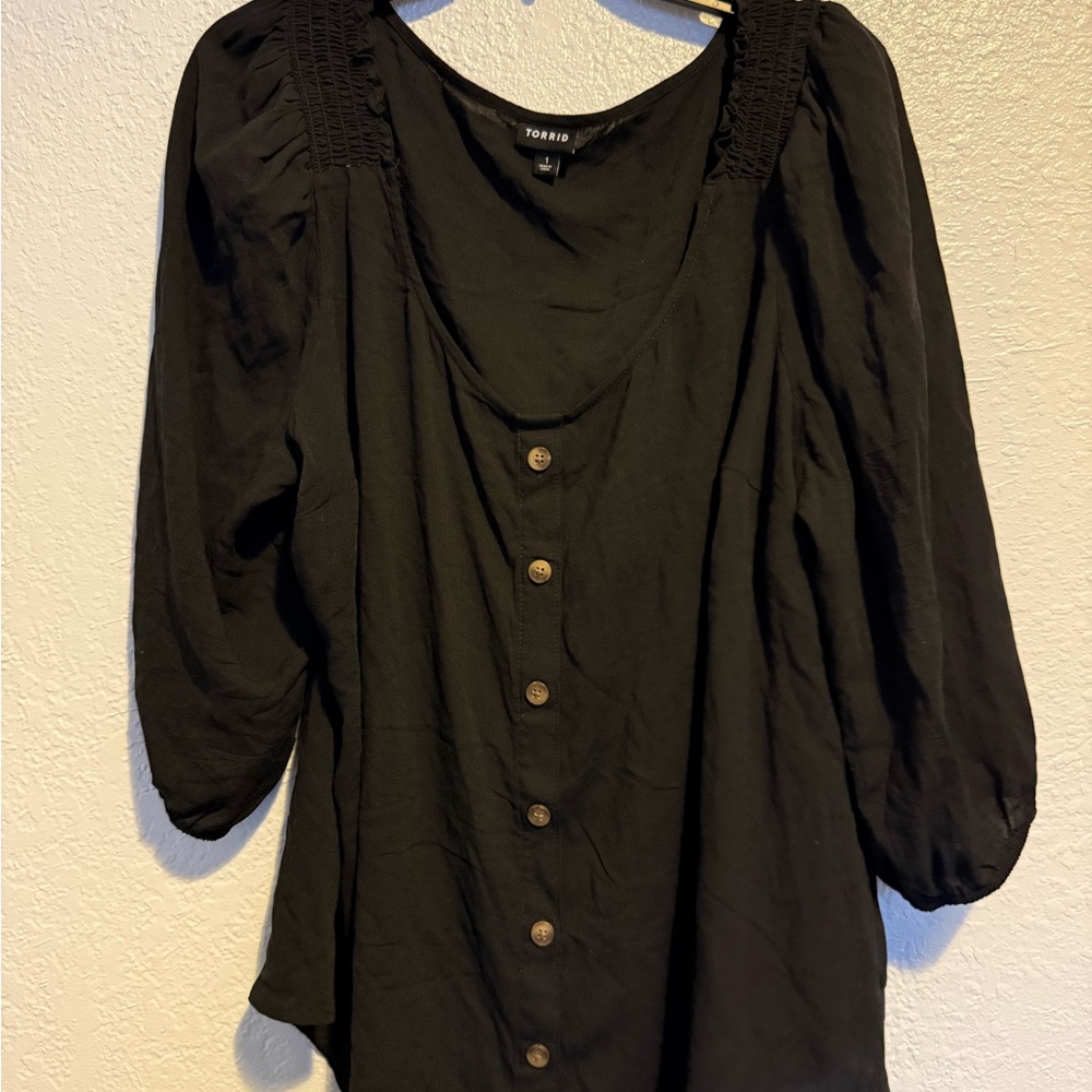 Torrid Black Smocked Button-Front Blouse